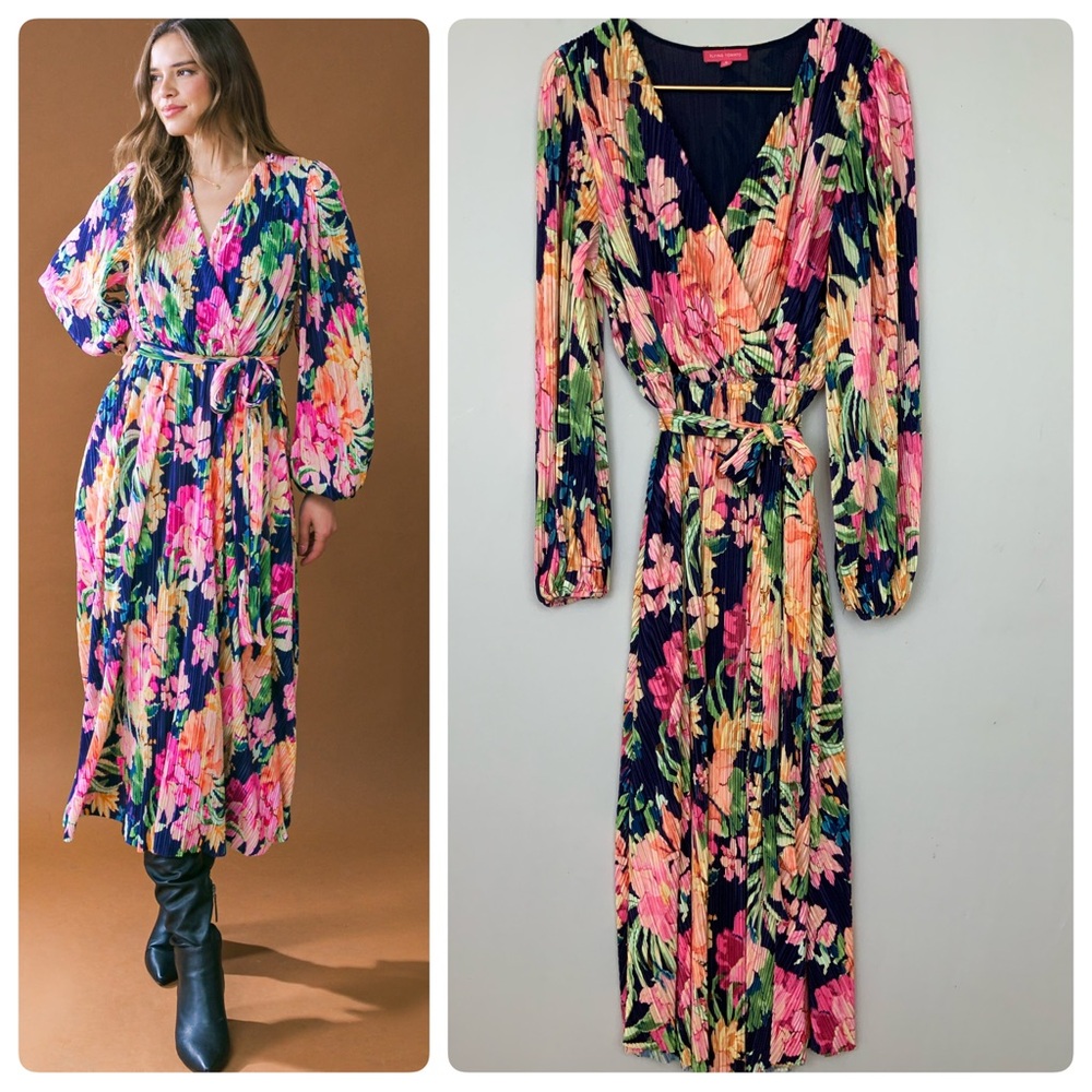 Flying Tomato Small Breathtaking Moment Floral Satin Plisse Pleated Midi Dress